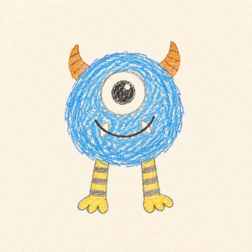 Example child's crayon drawing of a one-eyed blue monster with orange horns