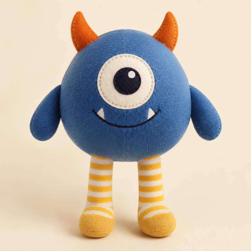 The same monster made into a soft blue plush toy with felt horns
